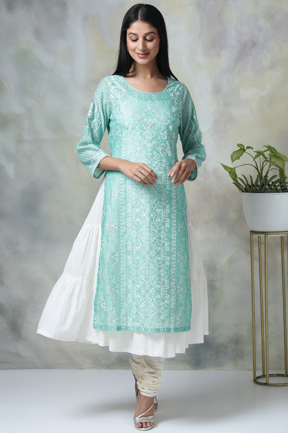 

Mint Poly Cotton Double Layered Printed Kurta