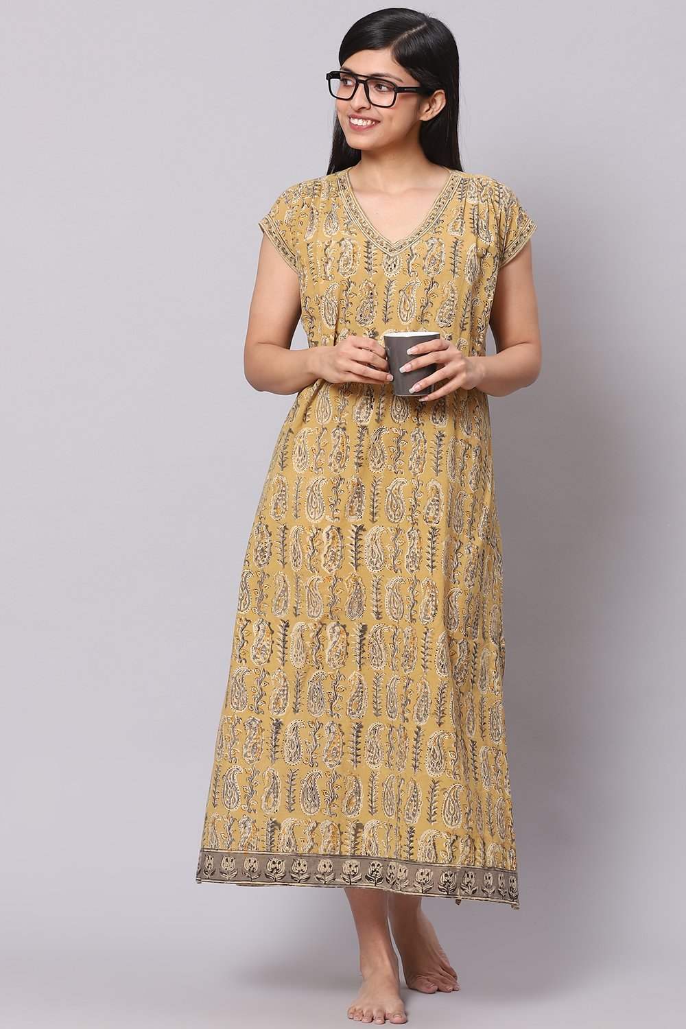 

Mustard Straight Cotton Printed Sleepwear