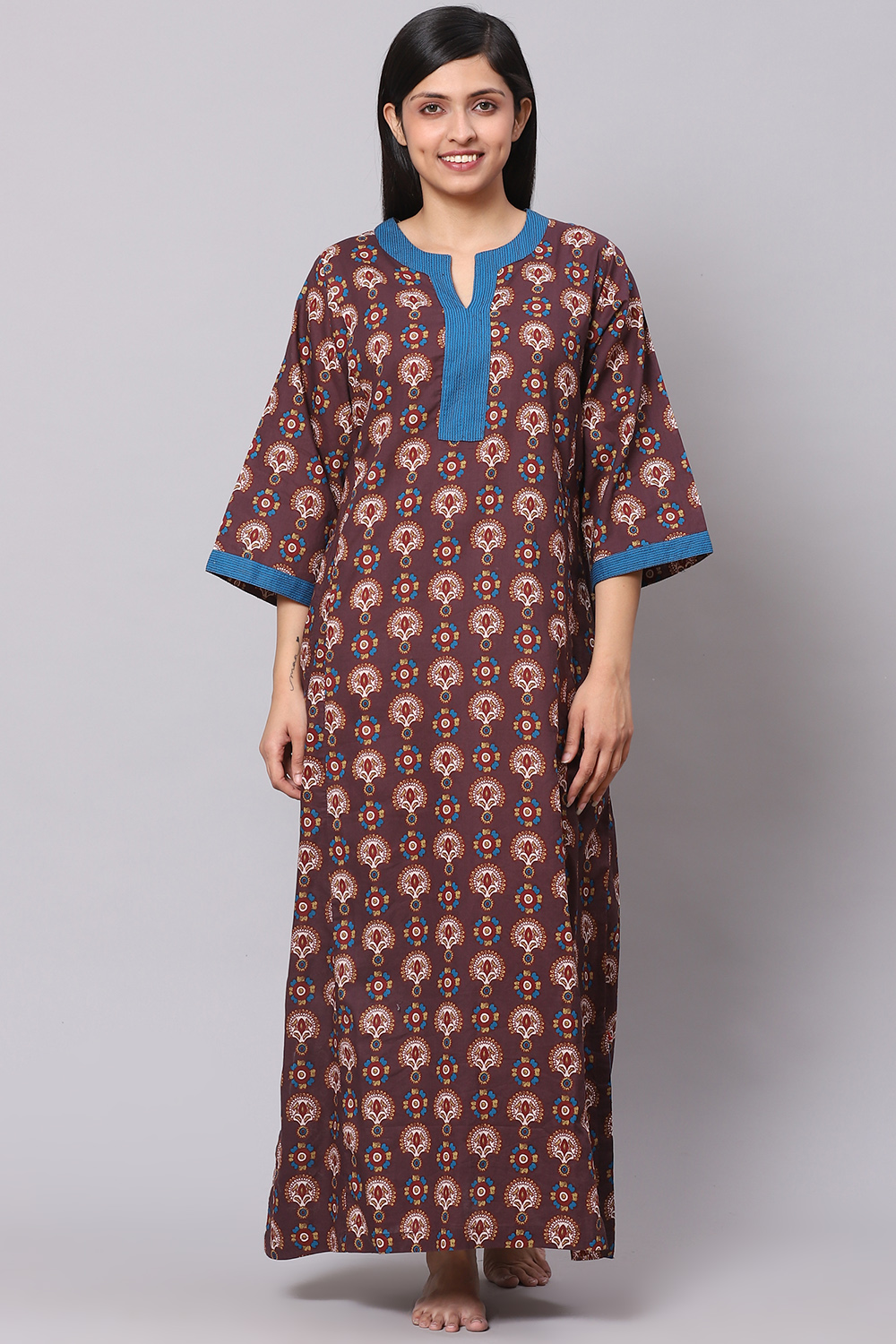 

Dark Brown Straight Cotton Printed Sleepwear