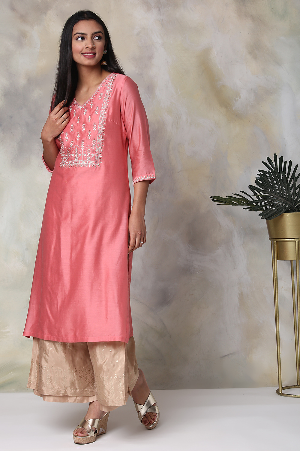 

Peach Cotton Silk Straight Yarndyed Kurta