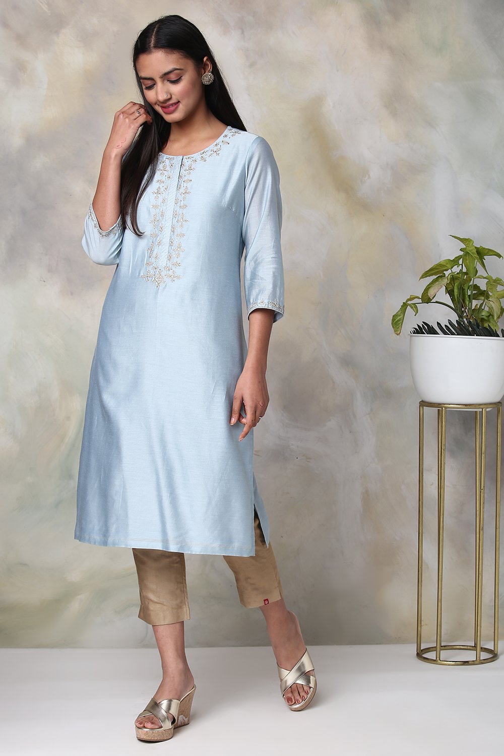 

Sky Blue Cotton Silk Straight Yarndyed Kurta