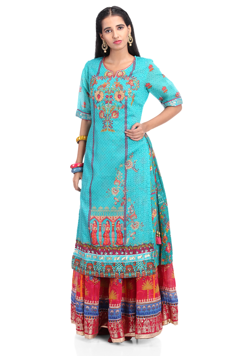 

Teal Blue Art Silk A-Line Printed Kurta