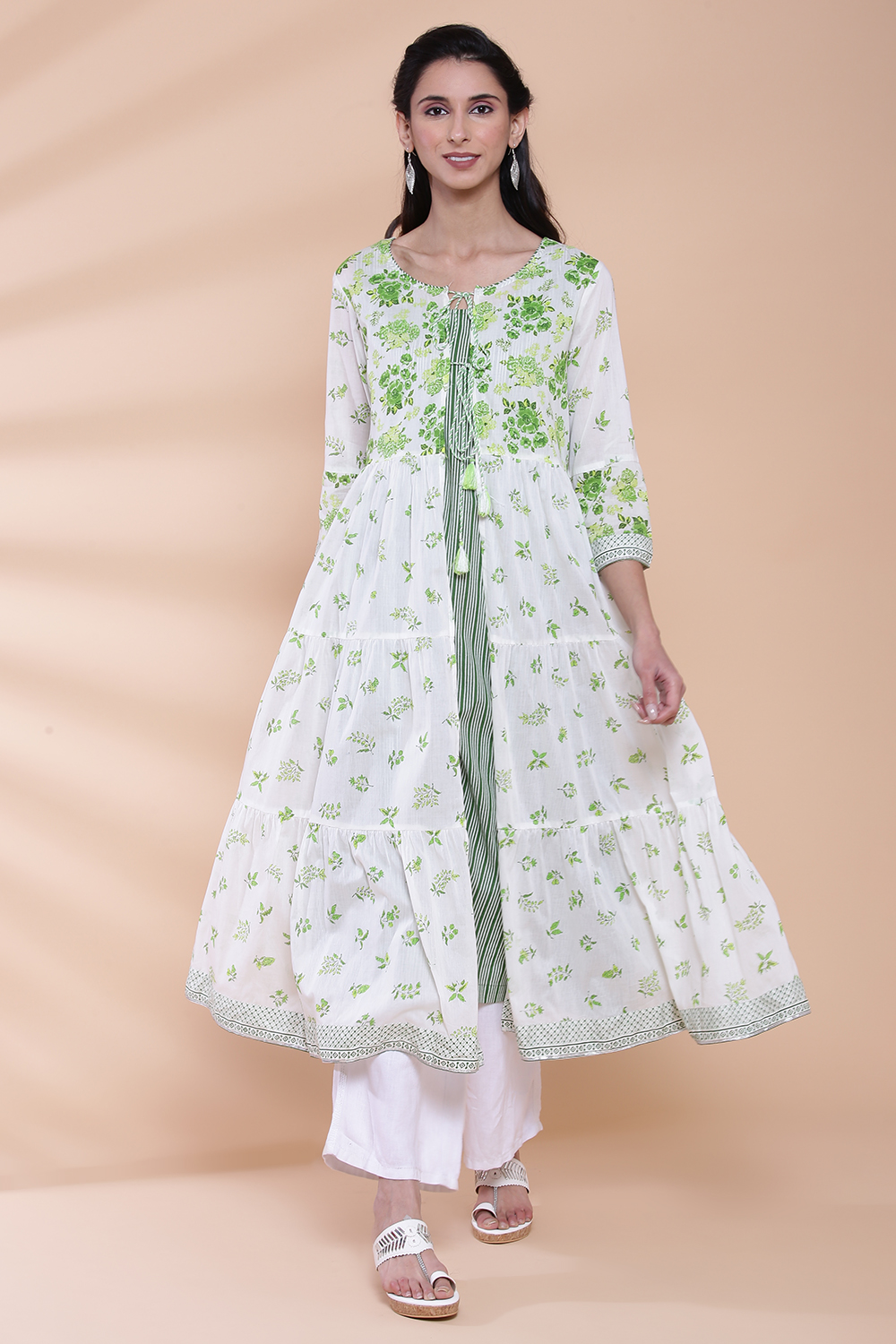 

White And Green Cotton Double Layered Kurta