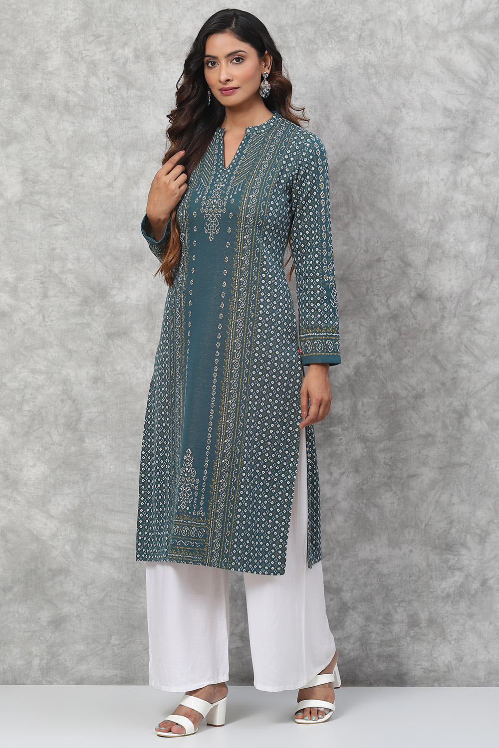 

Teal Straight Poly Metallic Kurta