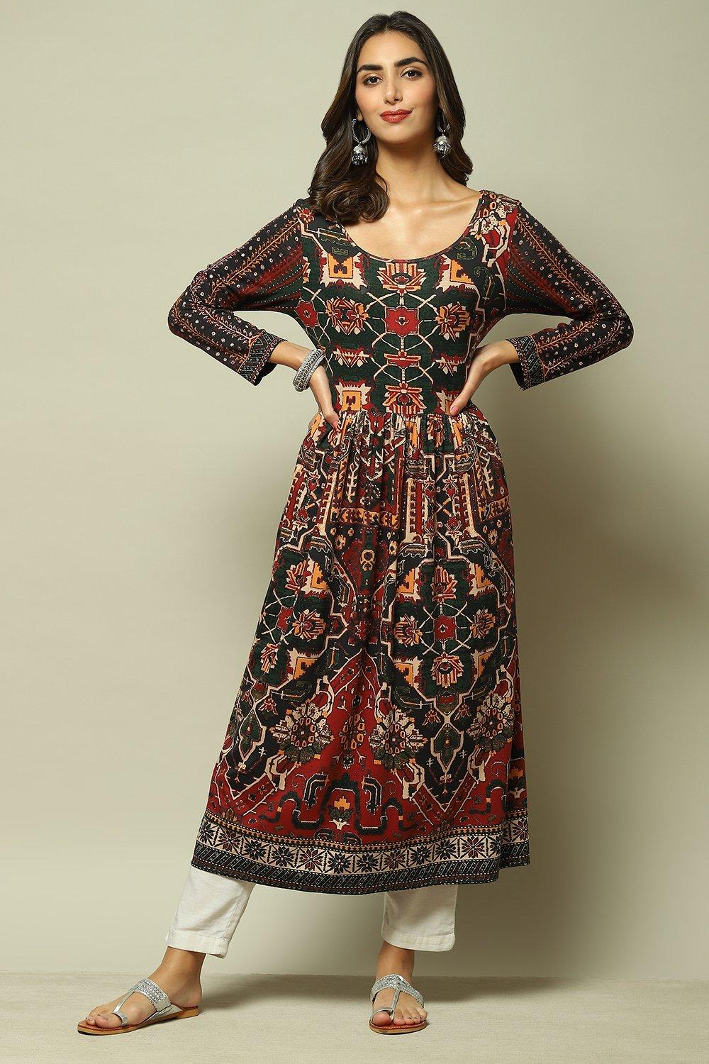 

Rust Cotton Blend Flared Printed Dress