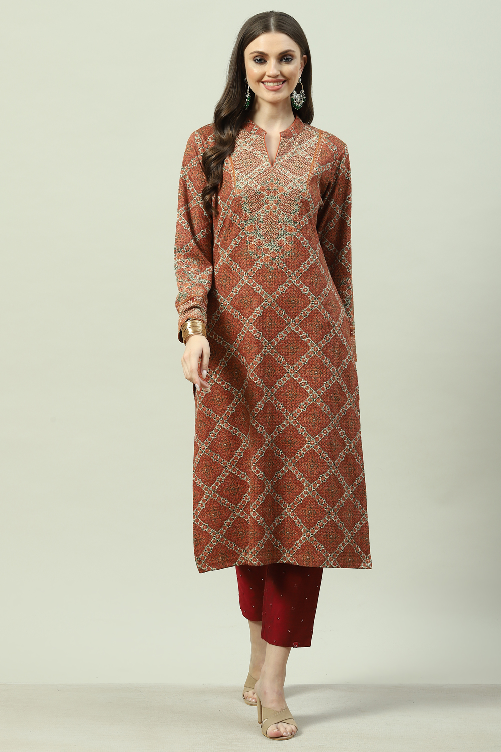 

Orange Acrylic Straight Printed Kurta