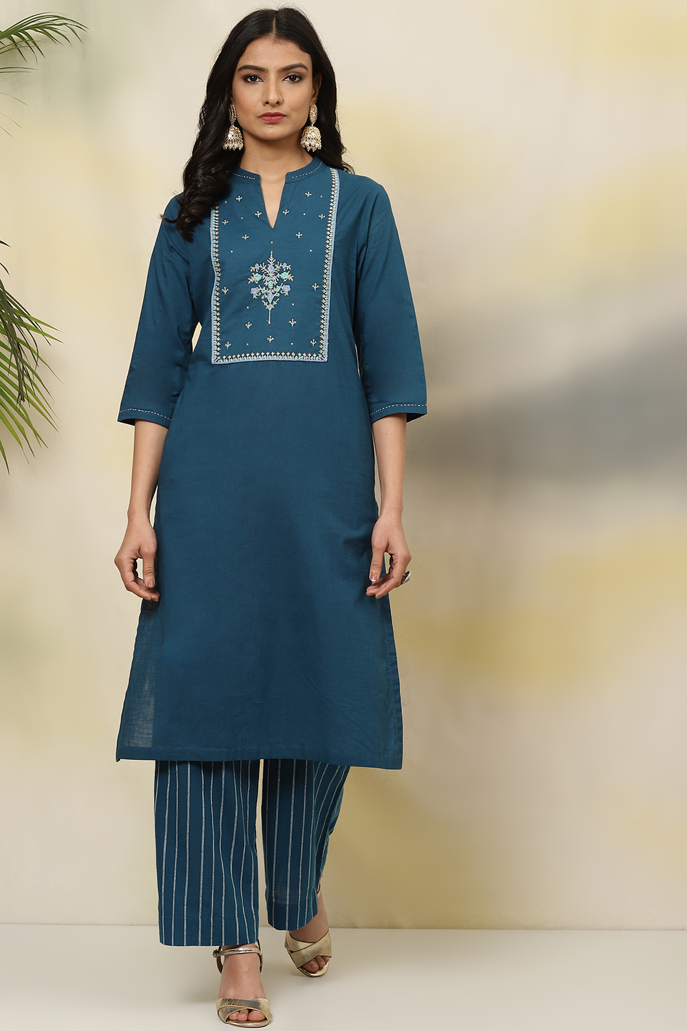 

Teal Cotton A-Line Fusion Solid Kurta Set