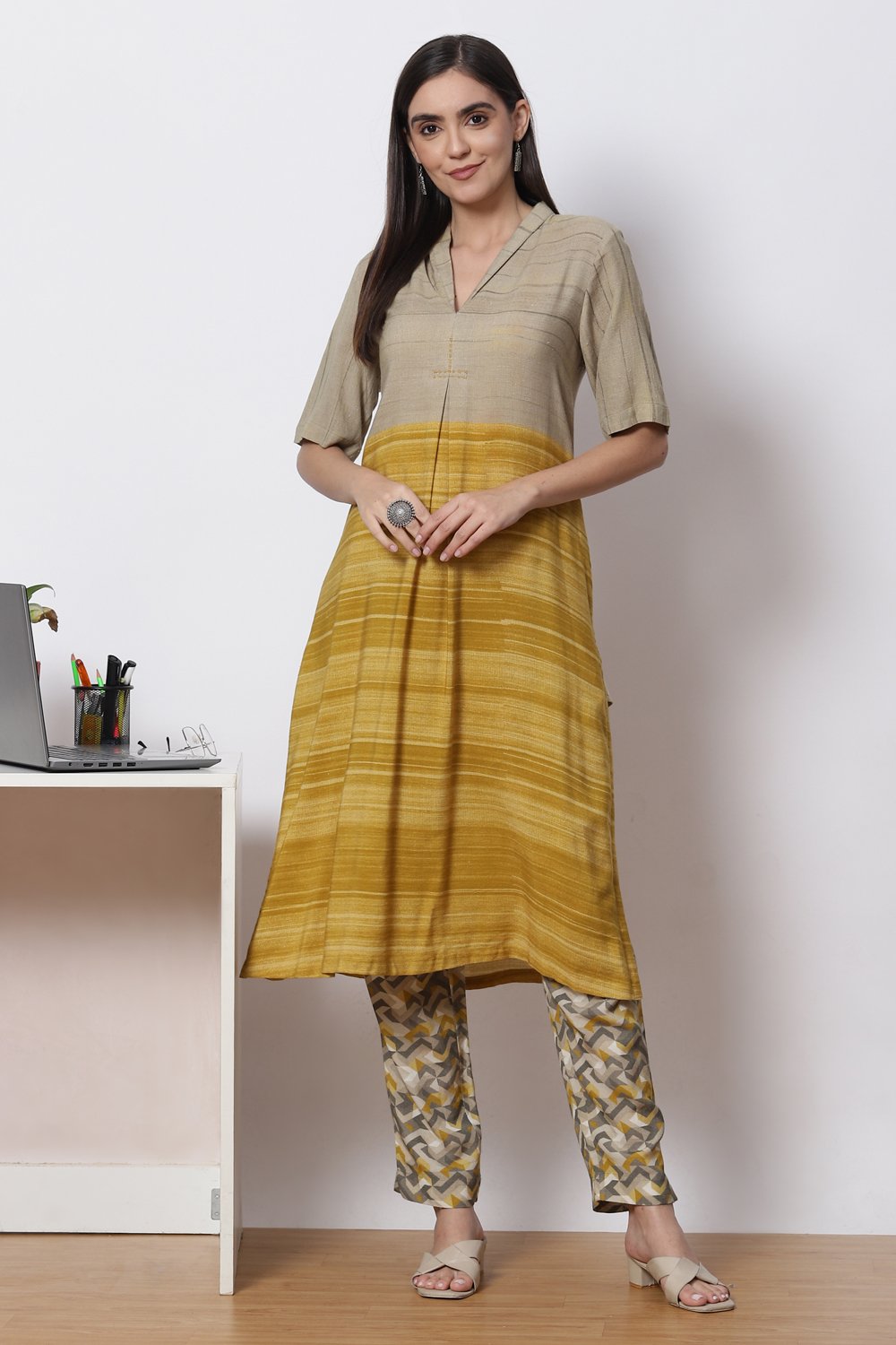 

Mud Ochre LIVA A-Line Fusion Printed Kurta Set