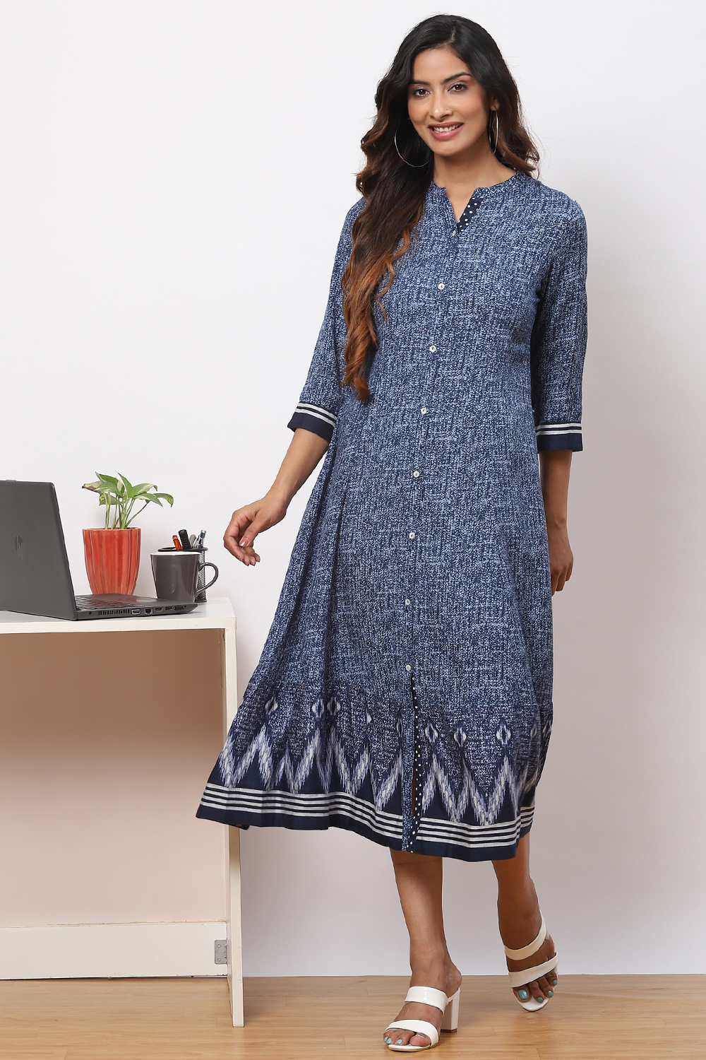 

Indigo LIVA A-Line Printed Kurta Dress