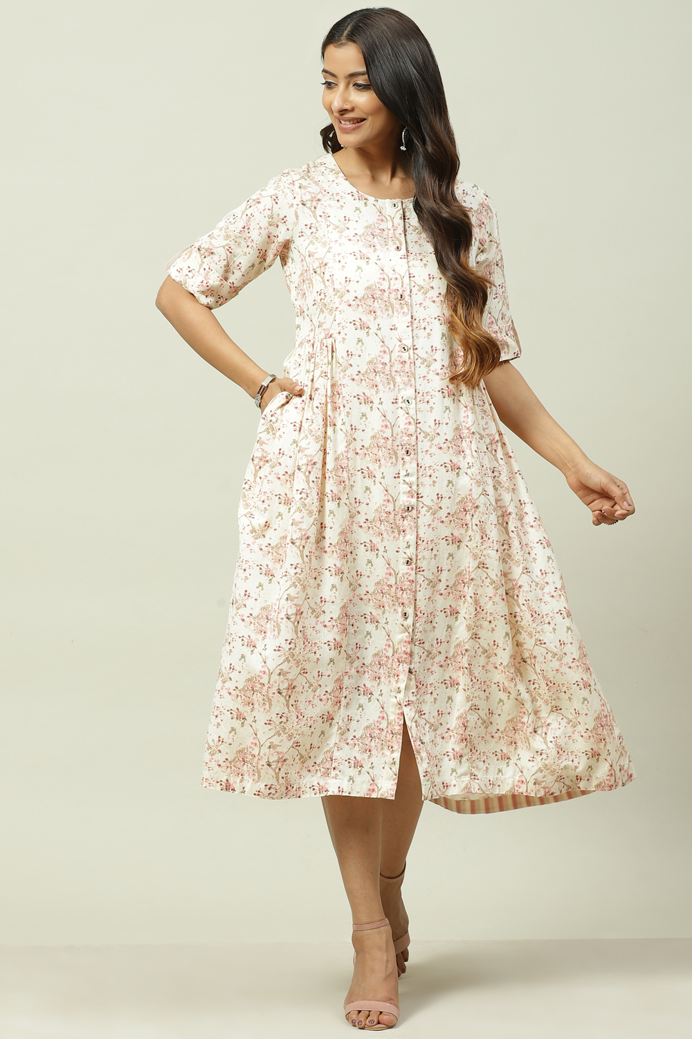 

Natural LIVA Flared Printed Dress, Beige