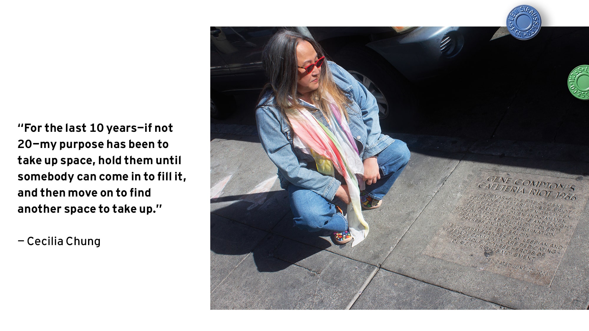 Cecilia Chung Styled in Levi's Pride Denim Jacket and Jeans Squating at the Street - Levi's Hong Kong