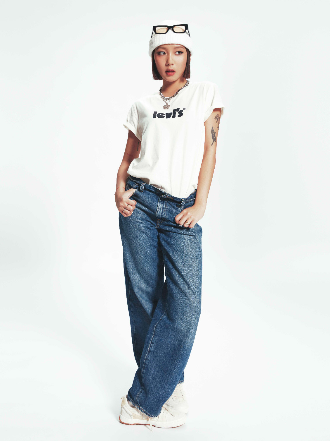 Marf styled in Baggy Dad Jeans with oversized white tee  - Levi's Hong Kong